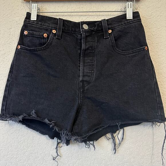 LEVI'S Ribcage Shorts Black Denim Cut Off Frayed High Rise Gothic - Picture 3 of 12